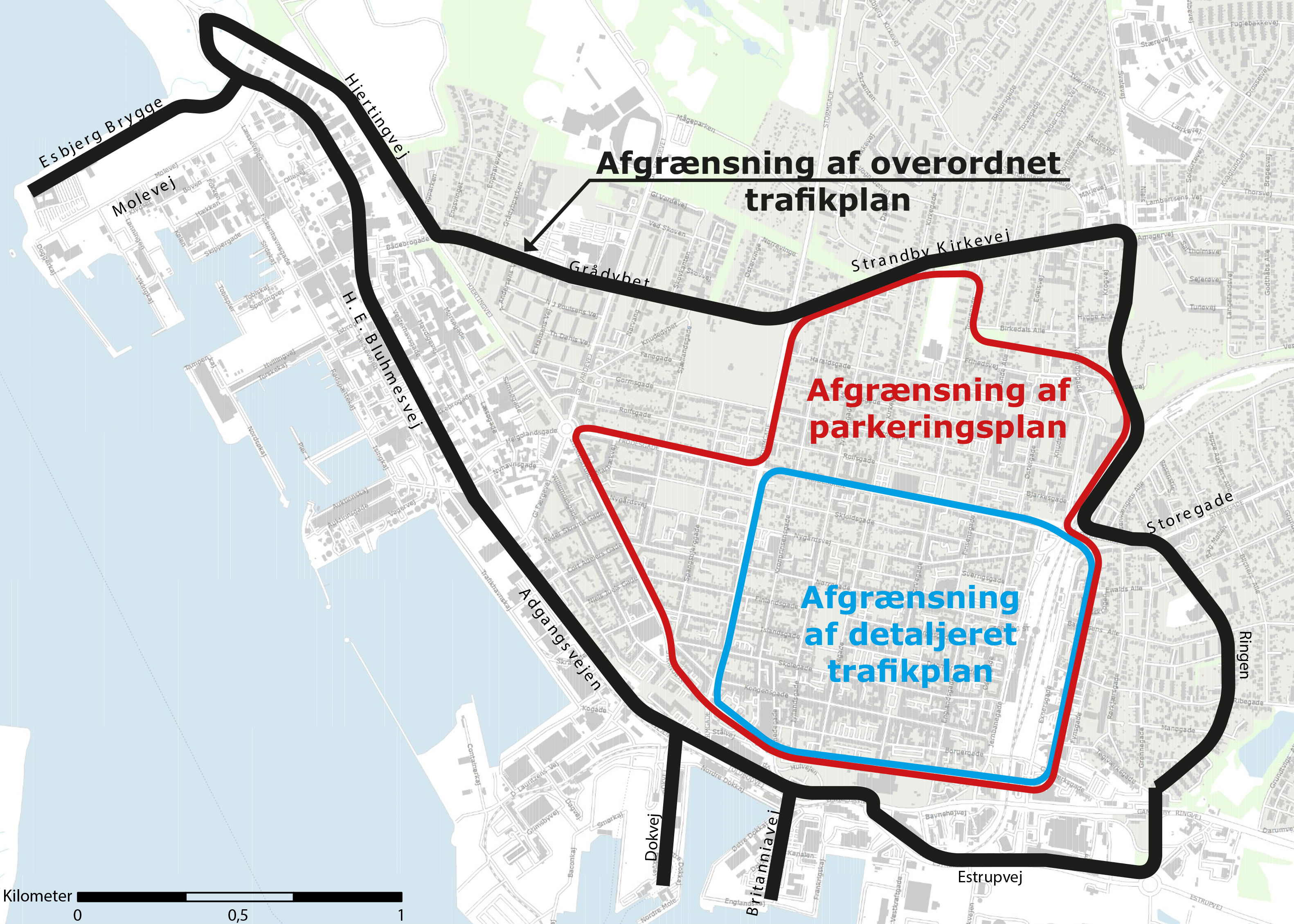 De forskellige dele af trafikplanen dækker disse områder.